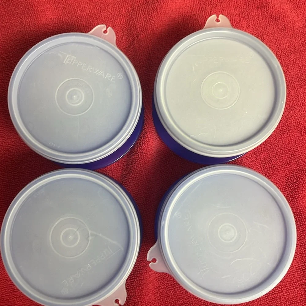 Tupperware Royal Blue Dessert Footed Bowls with Lids and Saucers Set of 4